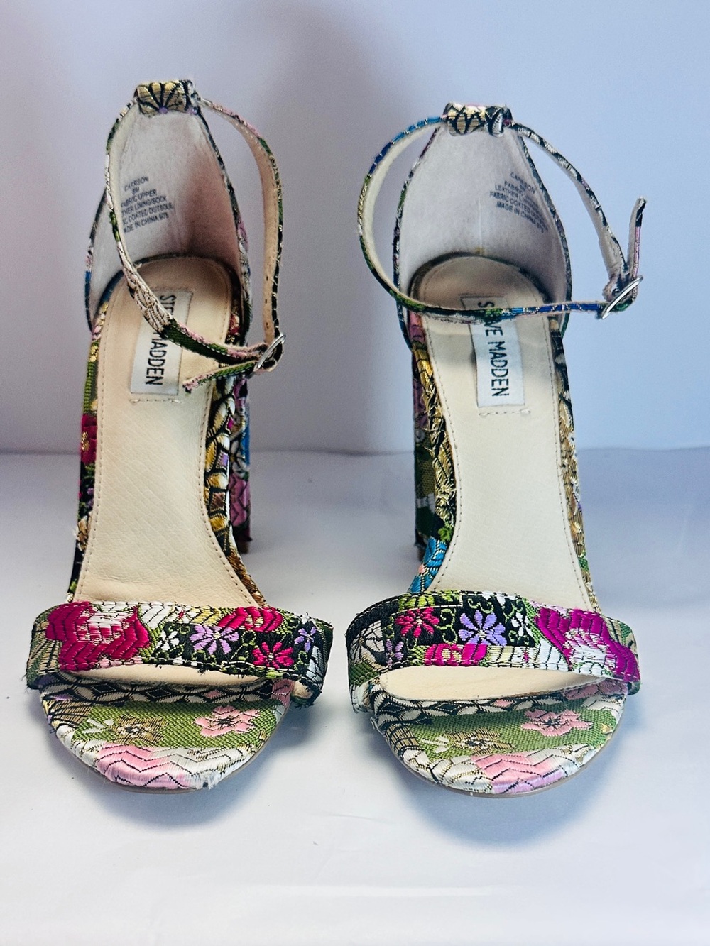 Steve Madden Floral Embroidered Ankle-Strap Heels in Pink, Green, Purple